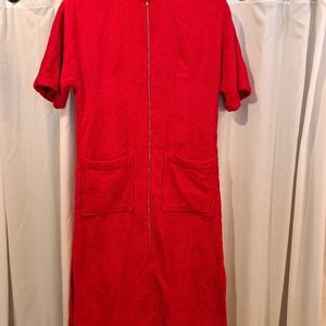 Vintage Gertrude Davenport New York Small Red Terry Cloth Robe Dress w/Pockets